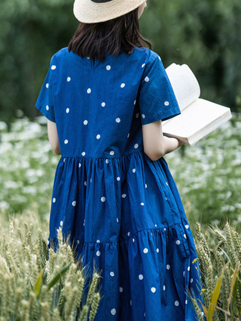 Vestido de verano con escote redondo y lunares artísticos, 100 % algodón, con capas para mujer