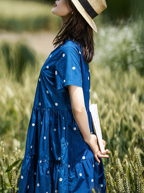 Vestido de verano con escote redondo y lunares artísticos, 100 % algodón, con capas para mujer