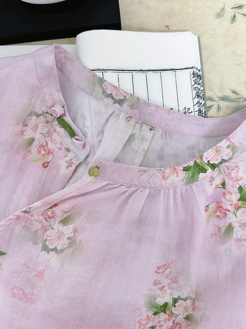 Camisa de verano para mujer, 100 % ramio, cuello redondo y estampado étnico con flores