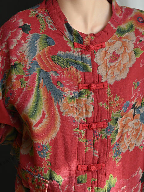 Camisa de algodón 100 % con cuello alto y estampado étnico de flores para mujer de verano