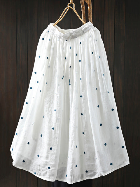 Women Summer Dot A-Shape 100%Ramie Skirt