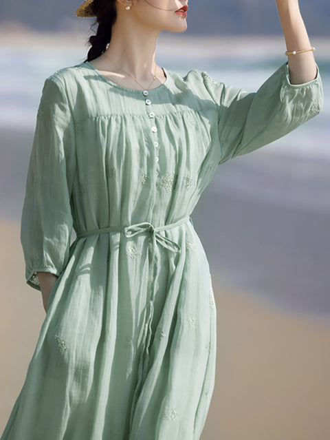 Vestido suelto de verano con cuello redondo y bordado de ramio para mujer