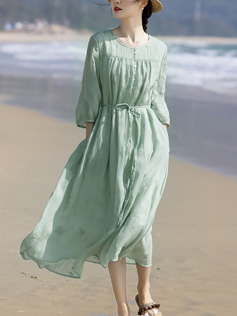 Vestido suelto de verano con cuello redondo y bordado de ramio para mujer