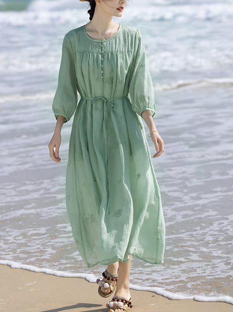 Vestido suelto de verano con cuello redondo y bordado de ramio para mujer