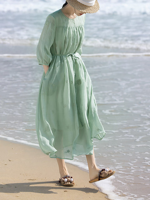 Vestido suelto de verano con cuello redondo y bordado de ramio para mujer