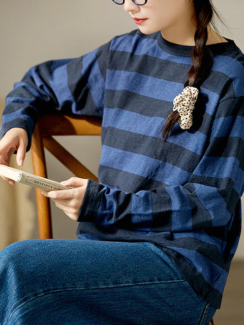 Camisa de algodón con cuello redondo y rayas informales para mujer de primavera