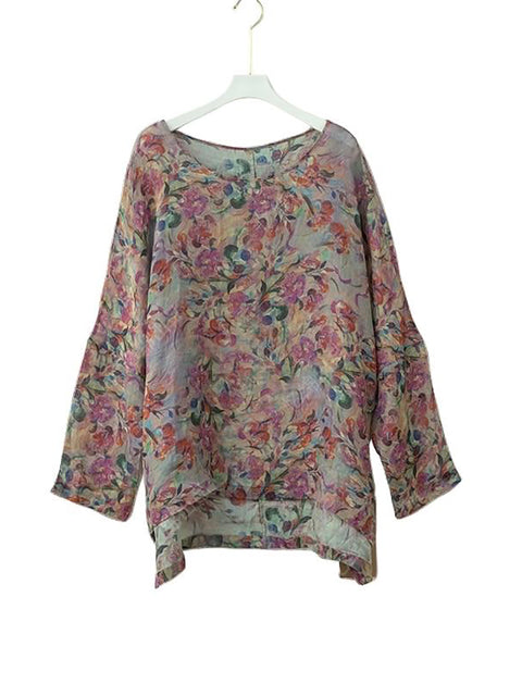 Camisa de mujer con cuello redondo y estampado artístico de flores de ramio