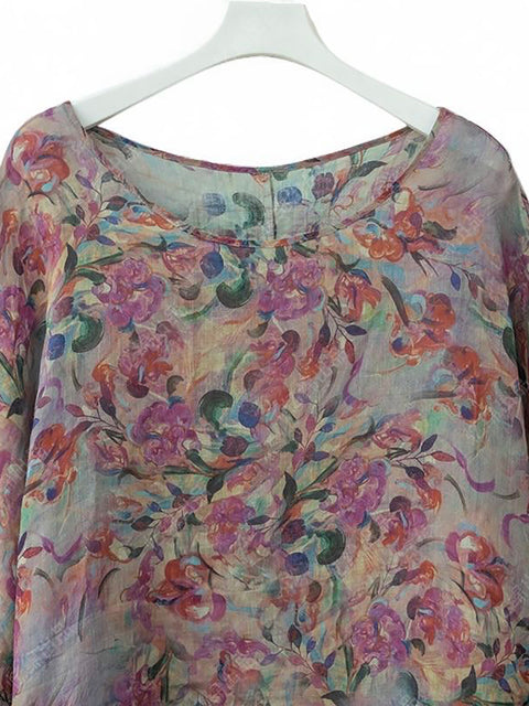 Camisa de mujer con cuello redondo y estampado artístico de flores de ramio