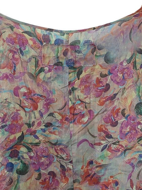 Camisa de mujer con cuello redondo y estampado artístico de flores de ramio