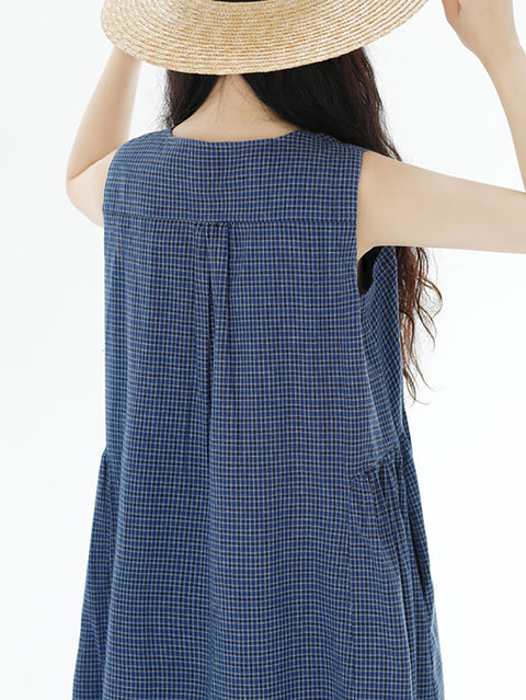 Women Summer Artsy Plaid Loose Denim Vest Dress