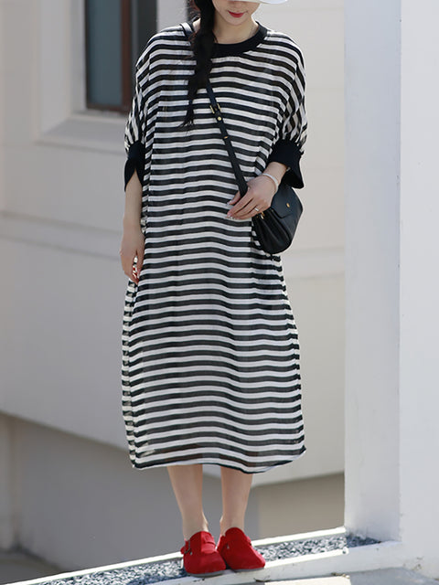 Women Summer Casual Colorblock Stripe Loose Dress