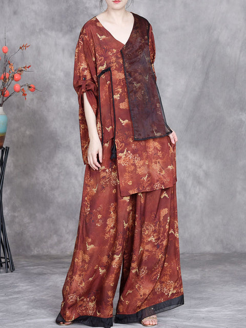 Women Summer Vintage Patchwork V-Neck Loose Suits