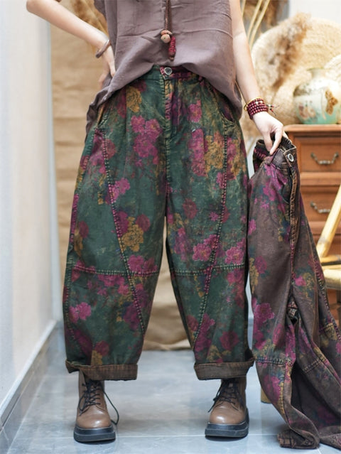 Pantalones harén de algodón con estampado retro de flores para mujer