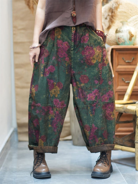 Pantalones harén de algodón con estampado retro de flores para mujer