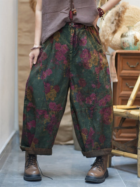 Pantalones harén de algodón con estampado retro de flores para mujer