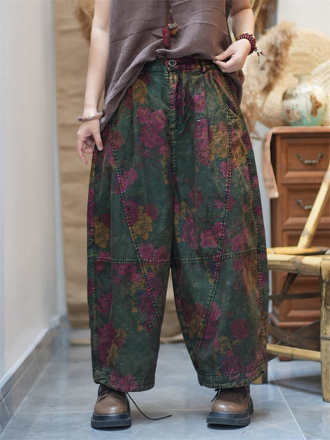 Pantalones harén de algodón con estampado retro de flores para mujer