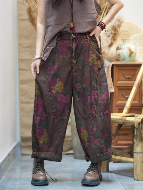 Pantalones harén de algodón con estampado retro de flores para mujer