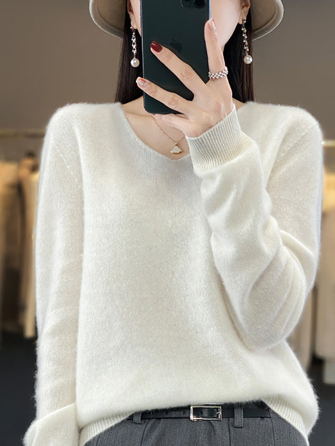 Women Autumn Pure Color V-Neck Knit Sweater