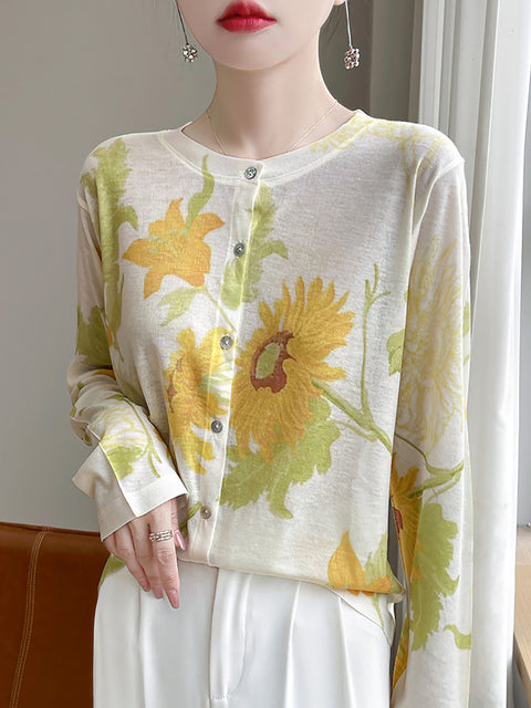 Women Spring Casual Flower O-Neck Thin Shirt