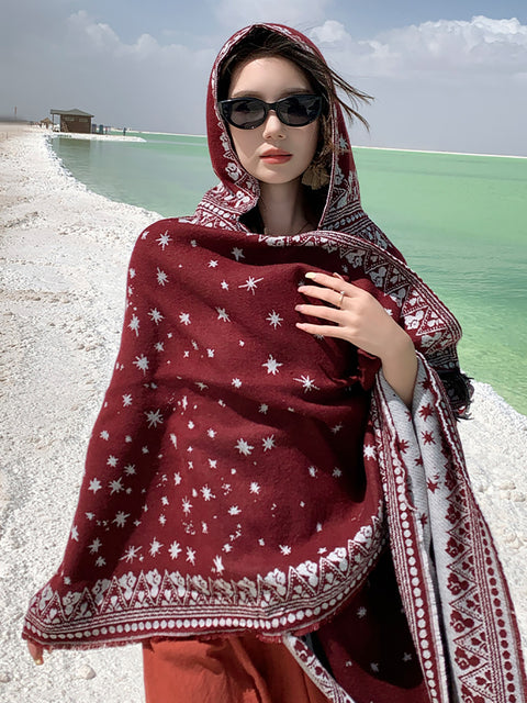 Women Ethnic Star Print Hooded Scarf Shawl