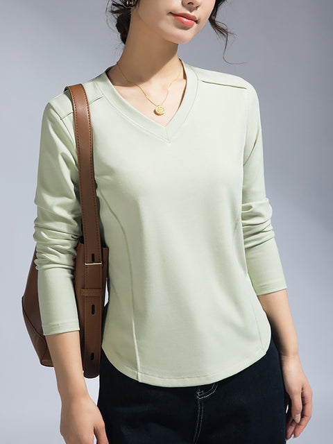 Blusa informal de color puro con escote en V para mujer, primavera