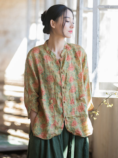 Women Retro Summer Button Flower Print Shirt