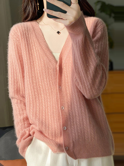 Women Autumn 100%Wool V-Neck Knit Cardigan Sweater