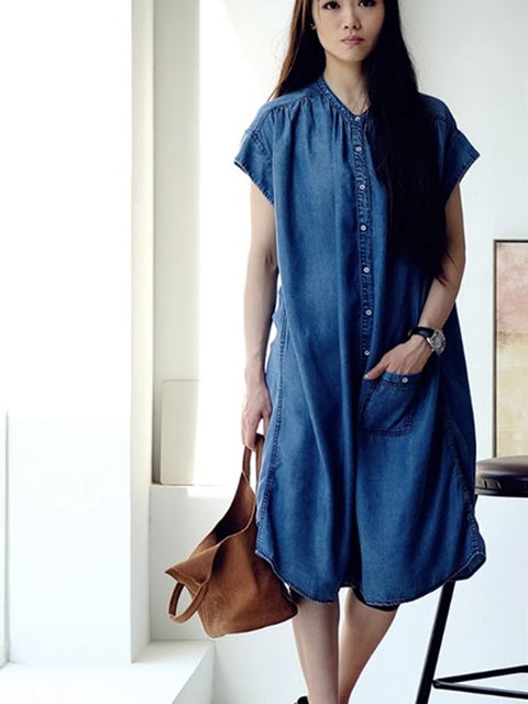 Plus Size Women Summer Casual Solid Blue Denim Dress