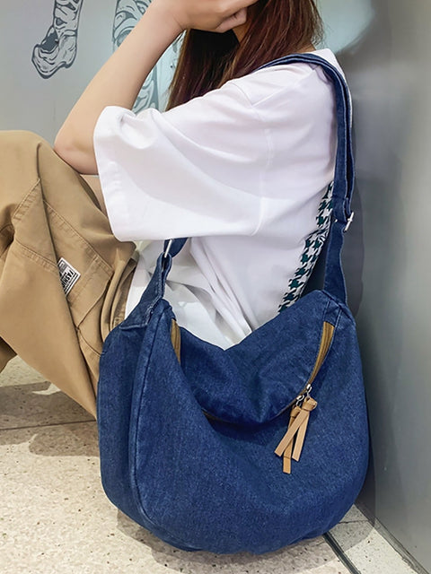 Casual Solid Denim Large Capacity Crossbody Bag