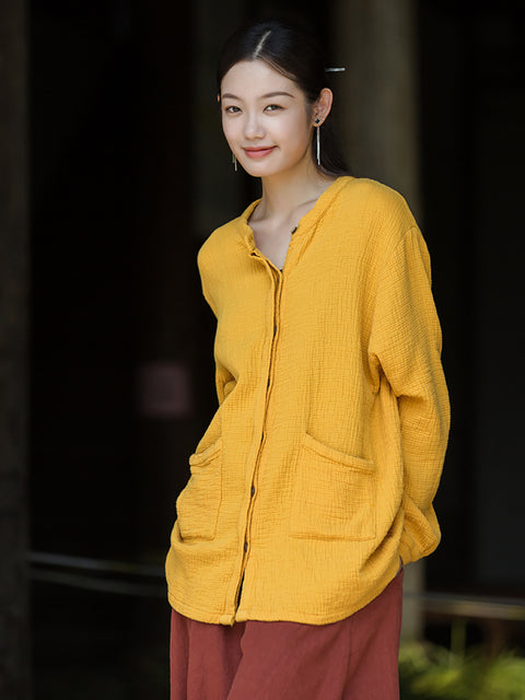 Camisa de otoño con botones y bolsillos de ramio para mujer