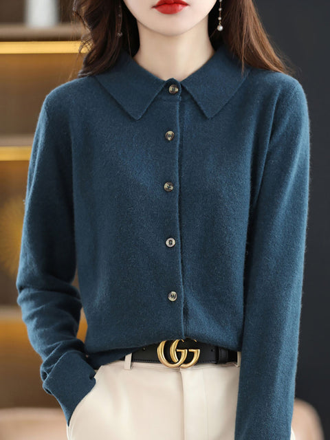 Women Autumn Wool Turn-down Collar Knit Cardigan Sweater