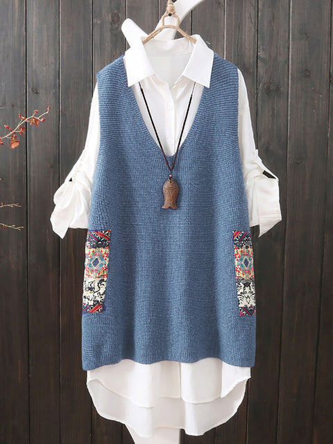 Women Ethnic V-Neck Loose Knitted Vest