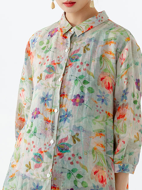 Plus Size Floral Leaf Breasted Split Mid-Length Shirt