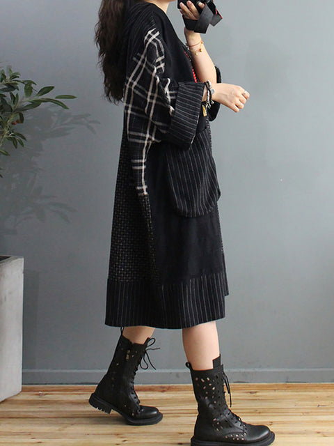 Plus Size Retro Plaid Big Pocket Hooded Dress