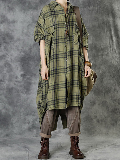 Plus Size Women Autumn Casual Pocket Plaid Coat