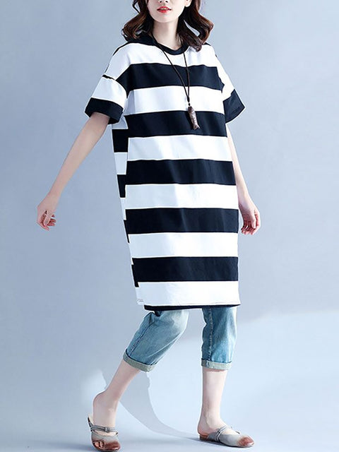 Plus Size Women Casual Striped O-Neck Short Sleeve Loose Dress