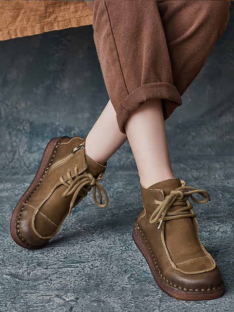 Botas planas con empalmes de cuero estilo retro de invierno para mujer