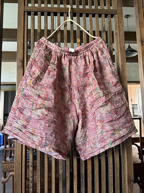 Pantalones cortos holgados de ramio con flores vintage de verano para mujer