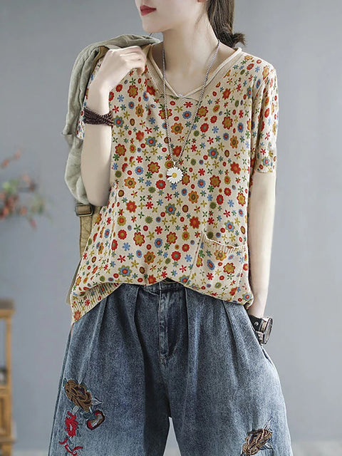 Camisa informal de punto con flores de verano para mujer de talla grande