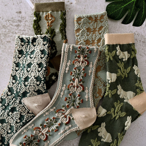 5 pares de calcetines vintage de primavera con estampado de plantas y jacquard para mujer