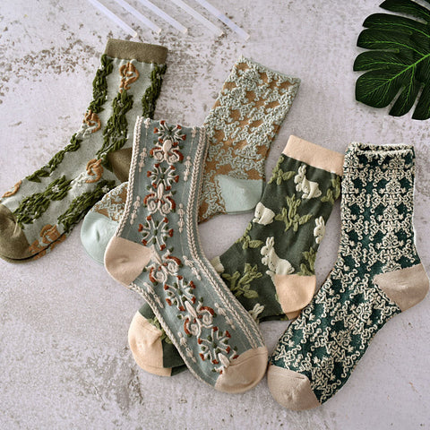 5 pares de calcetines vintage de primavera con estampado de plantas y jacquard para mujer