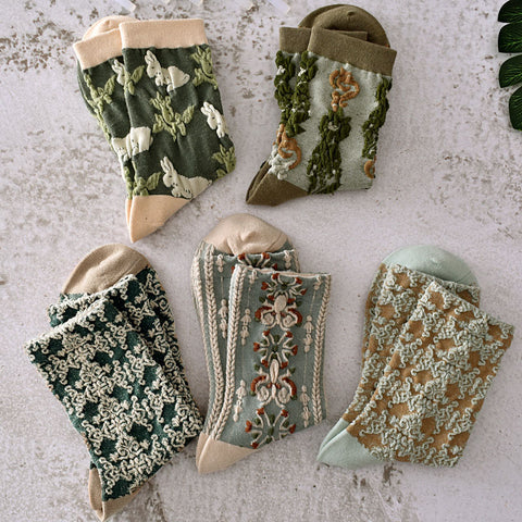 5 pares de calcetines vintage de primavera con estampado de plantas y jacquard para mujer