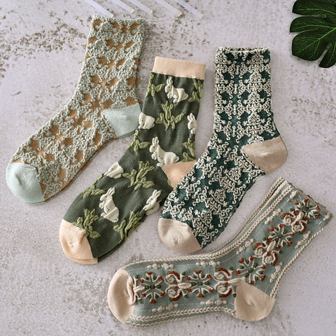 5 pares de calcetines vintage de primavera con estampado de plantas y jacquard para mujer