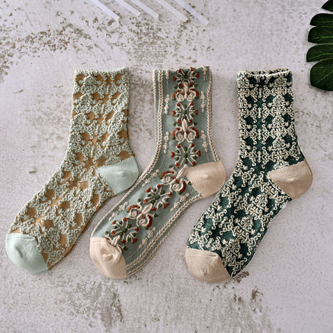 5 pares de calcetines vintage de primavera con estampado de plantas y jacquard para mujer