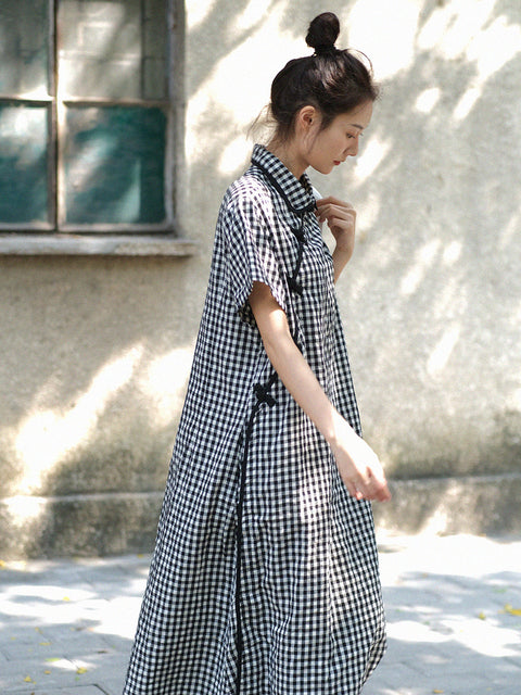 Vestido holgado vintage de verano con estampado de rana y cuadros escoceses para mujer de talla grande