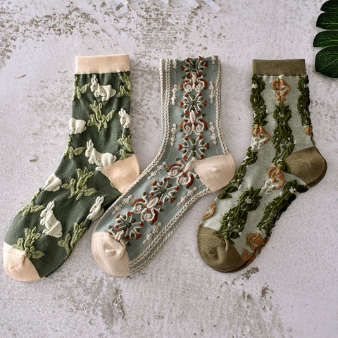 5 pares de calcetines vintage de primavera con estampado de plantas y jacquard para mujer