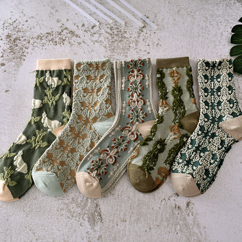 5 pares de calcetines vintage de primavera con estampado de plantas y jacquard para mujer