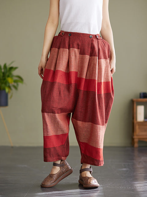 Pantalones sueltos con linterna plisada y cintura elástica a rayas para mujer