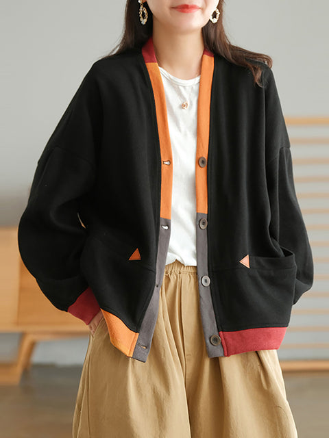 Plus Size Color Contrast Pocket Breasted Long Sleeve Coat