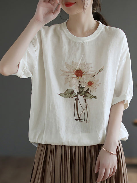 Camiseta de manga corta con flores de verano informal de lino de talla grande para mujer